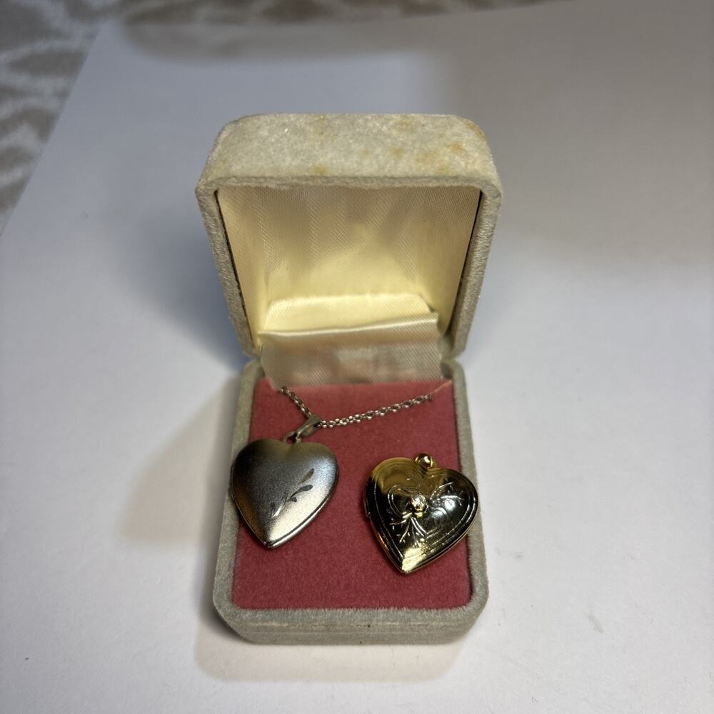Two Heart Lockets Silver Tone Gold Tone One Chain With Presentation Box
